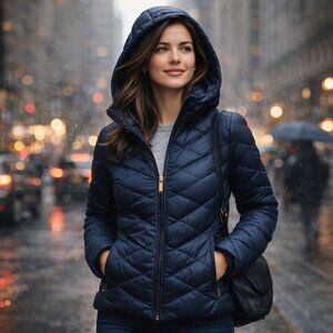 London Fog Packable Down Puffer Jacket Navy Blue Hooded Lightweight Size S